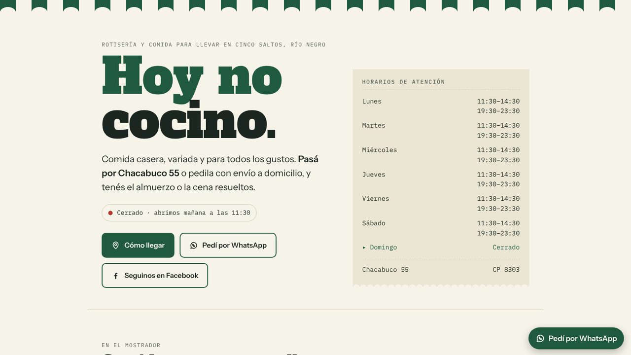 Portada del sitio de Hoy No Cocino en computadora